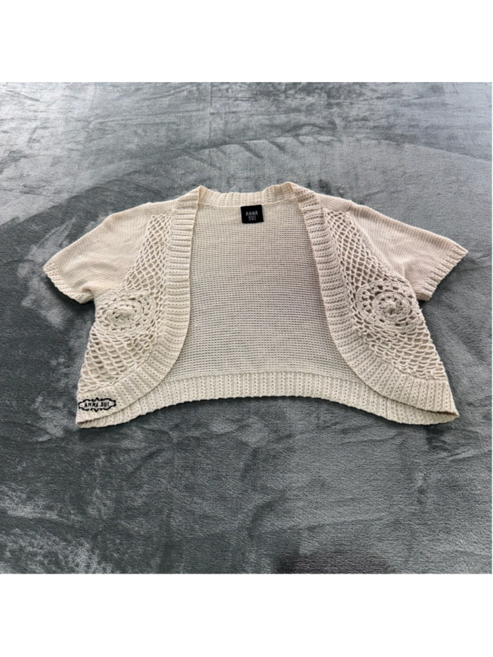 Anna Sui Cardigan Womens S Crochet Boho Bolero Cottagecore Y2K Open Knit Ivory - Picture 6 of 13
